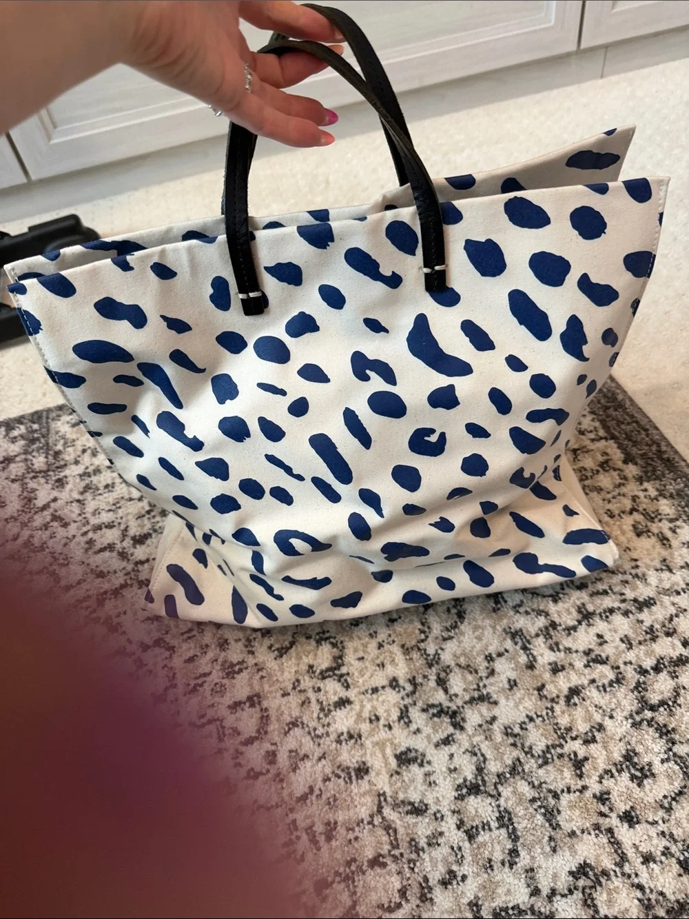 Clare V. Canvas Spot Tote with Navy Spots and Black Handles